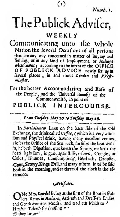 THE FIRST NEWSPAPER ADVERTISEMENT FOR COFFEE—1657